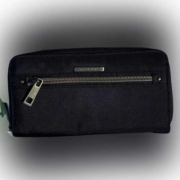 🆕 Travelon RFID Black Gold Hardware Zipper Clutch Accordion Wallet Wristlet - Picture 2 of 8